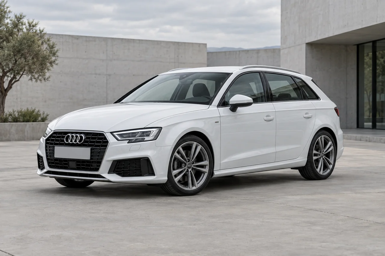 White Audi A3, front three-quarter view