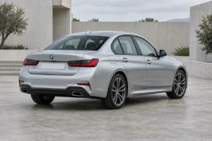Silver BMW 3 Series, rear three-quarter view