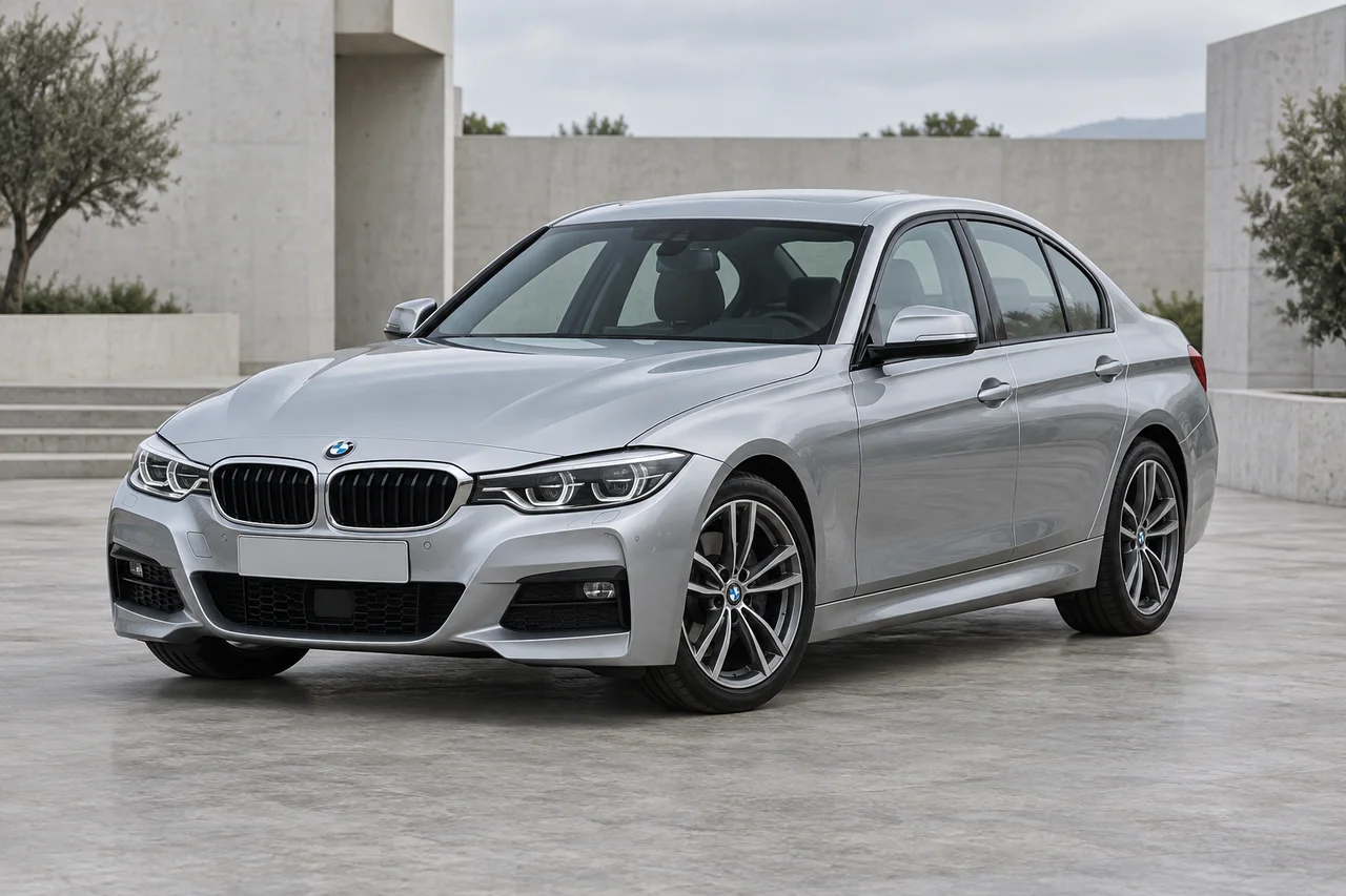 Silver BMW 3 Series, front three-quarter view