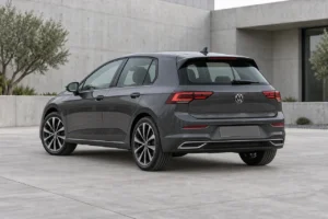 Grey Volkswagen Golf, rear three-quarter view